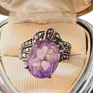 Vintage Fancy Art Deco Style Sterling 925 Silver Amethyst Ring with Marcasite